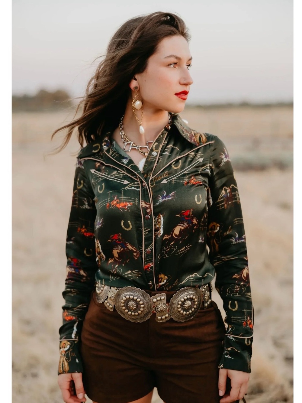 Rodeo Quincy Happy Trails Green Western Print Button-Up Shirt; Size XXL